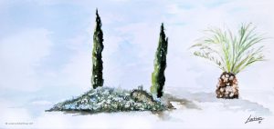 "Pinos y palmeras", acuarela sobre papel. Lorena Martínez