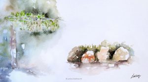 "Rocas y vegetación", acuarela sobre papel. Lorena Martínez