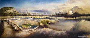 Atardecer en las balsas de Federico de Arce. Acuarela sobre papel montado en tabla. 80x180cm.