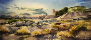 Puesta de sol en las Balsas de Migaseca. Acuarela sobre papel montado en tabla. 80x180cm.